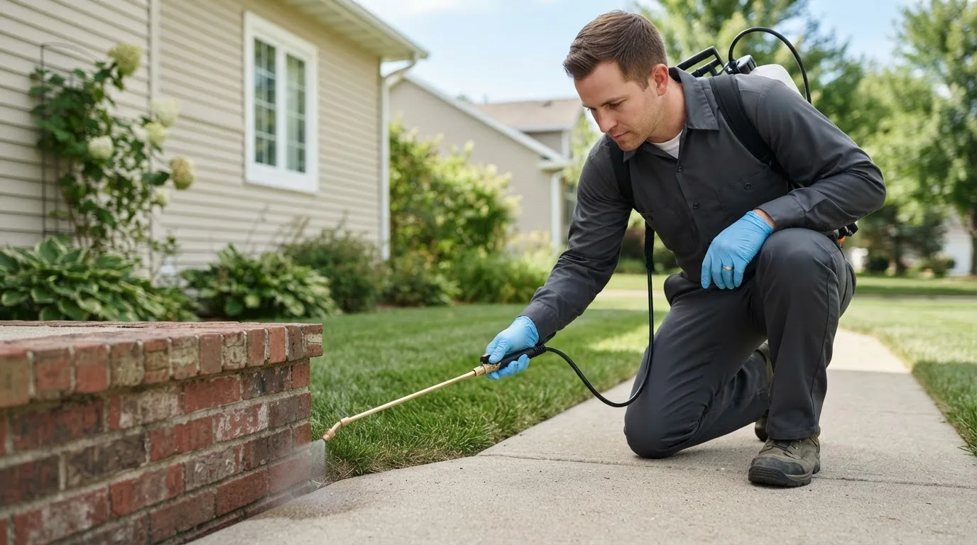 Pest control technician treating a home near Round Lake Beach, IL